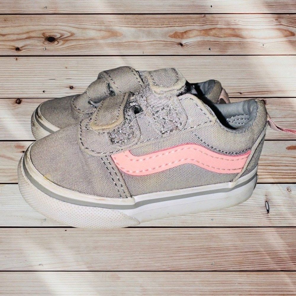 Vans off the wall Girls 4 toddler Sneaker Pink Grey Skater Hook & Loop Fasteners